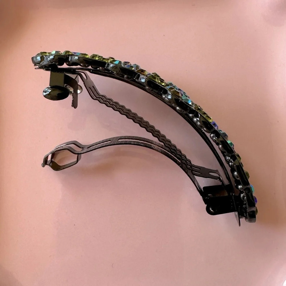 Olive Green Aurora Borealis Crystals set in Black Hematite Hair Barrette - Picture 4 of 7